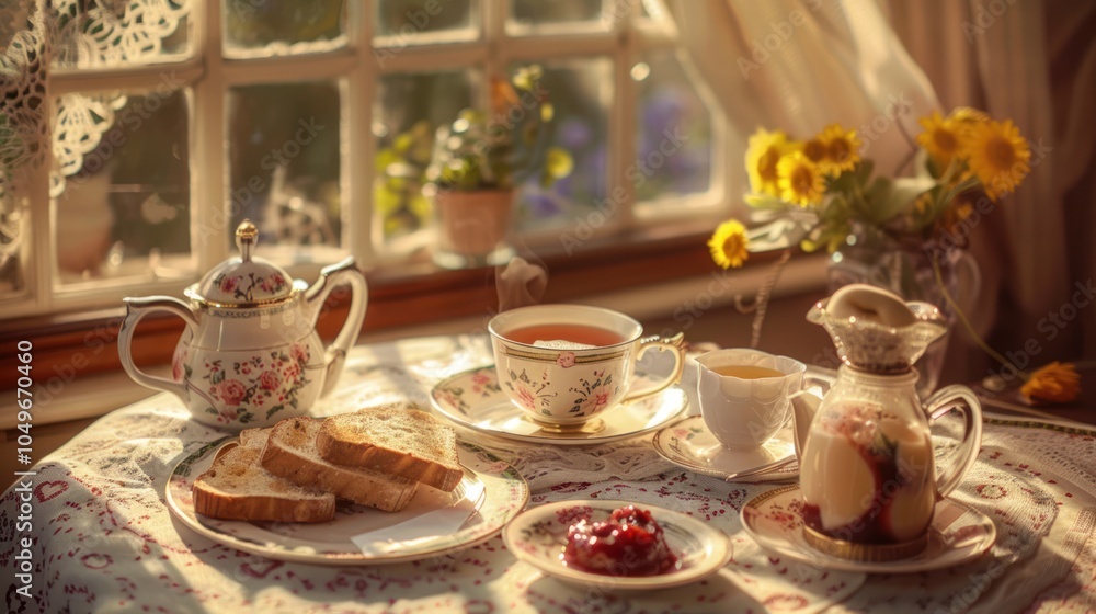 Fototapeta premium Tea Time with Toast, Jam, and a View