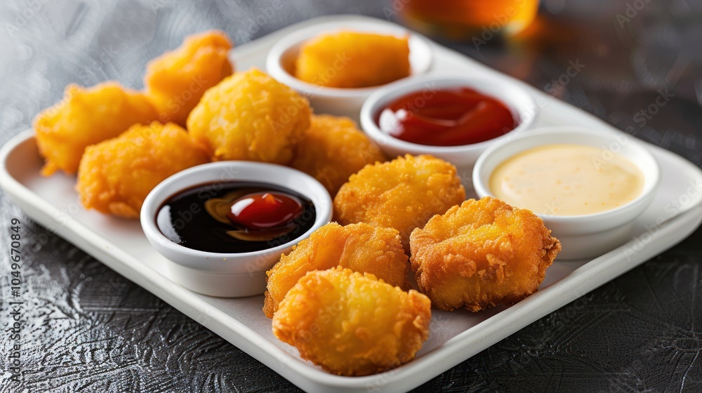 Fried Cheese Balls with Dipping Sauces on a White Plate Fried Cheese Balls with Dipping Sauces on a White Plate