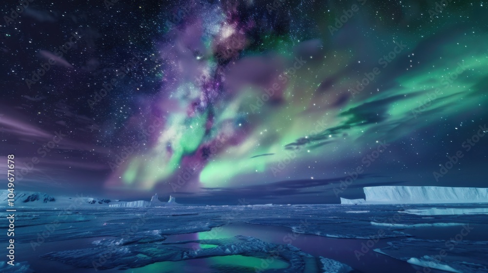 A breathtaking view of the aurora australis over Antarctica's icy expanse, Polar scene, Ethereal style A breathtaking view of the aurora australis over Antarctica's icy expanse, Polar scene, Ethereal style
