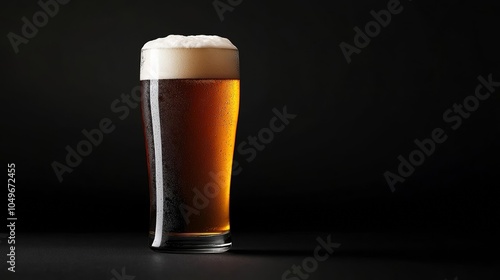 A fresh pint of IPA craft beer with a frothy head, served in a cold glass, set against a sleek black background, India Pale Ale, Craft Beer Art photo