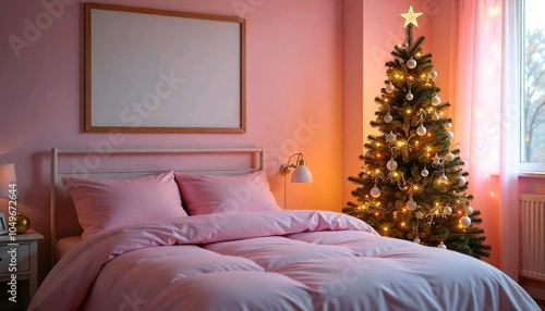 Bedroom decorated in Christmas decor, blank white frame on the wall, Christmas tree in the room, pink coverbed, decorated with Christmas decor photo