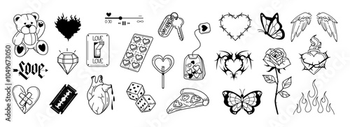 Gothic fashion set, blending love and heartache themes. A emo set of images on the theme of love, Emotionality, Romance, Heartache. Gothic fashion y2k style. Vector graphic set - tattoo flash, emo.