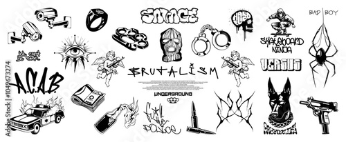 Urban street art featuring edgy graffiti elements, rebellion symbols, and anti-authority themes. Underground subculture, flash tattoo, graffiti, street art, criminal isolated elements. Vector graphic