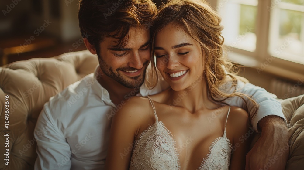 A smiling couple relaxes together in a cozy setting, enjoying each other's company. The warmth of their embrace and glowing faces reflect love and happiness. A smiling couple relaxes together in a cozy setting, enjoying each other's company. The warmth of their embrace and glowing faces reflect love and happiness.