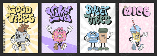 Playful set of retro illustrations, groovy characters: cartoon sweets, coffee, tea, macaroon, donut and lemonade. Mascot characters cafe themed, with retro background and lettering. Cartoon groovy set