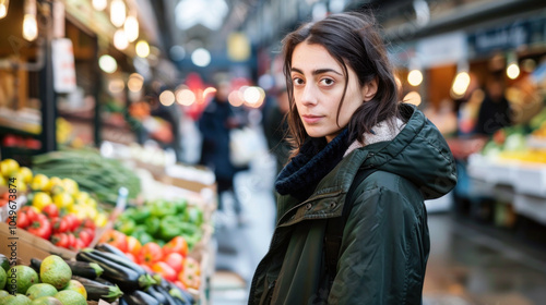 Wallpaper Mural Young Caucasian woman in a green jacket shopping at a market, looking at the camera. Torontodigital.ca