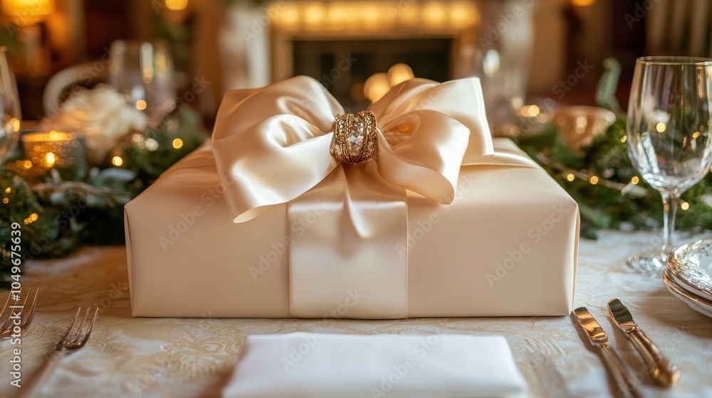 Elegant Christmas Gift Wrapped in Satin Bow Elegant Christmas Gift Wrapped in Satin Bow
