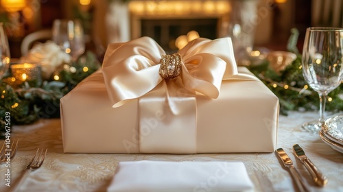 Elegant Christmas Gift Wrapped in Satin Bow