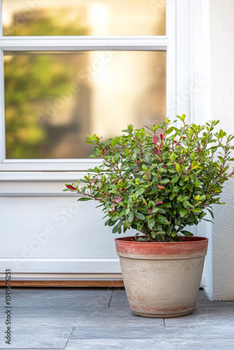 A vibrant green potted plant positioned near a sunny entrance in a modern home setting