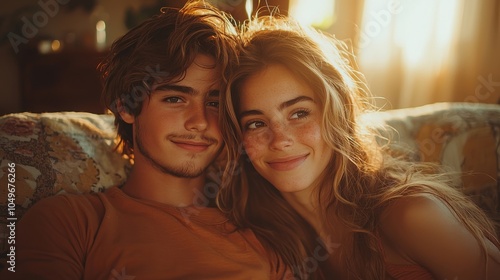 A portrait of a young couple of mixed ethnicity, smiling together on a cozy couch bathed in soft golden sunlight. photo