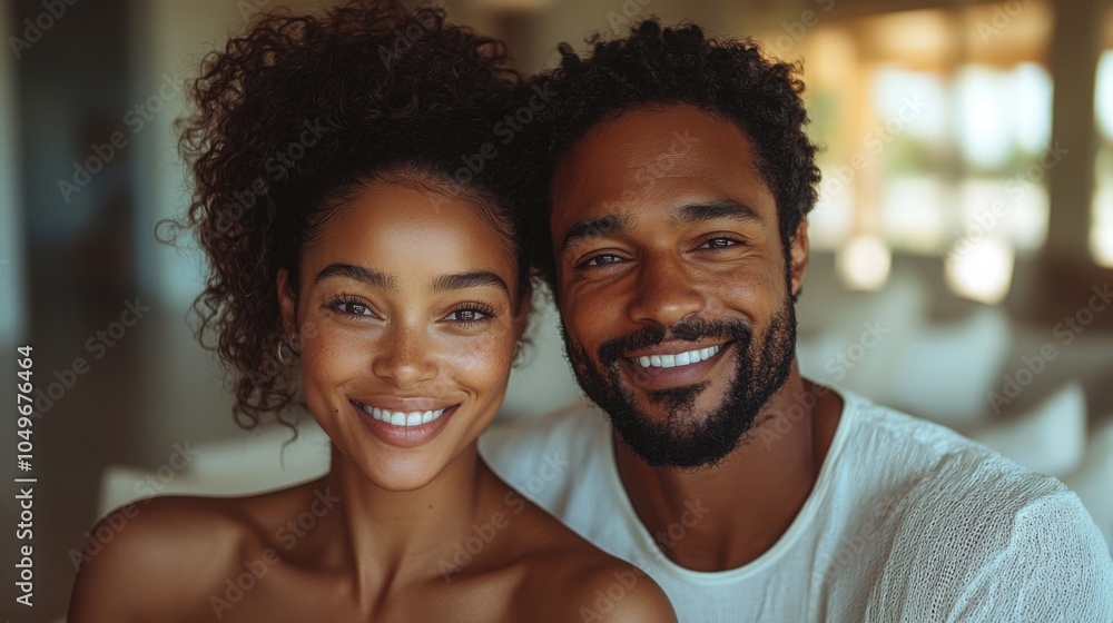 A joyful couple with curly hair, smiling broadly at the camera in a bright, cozy setting. They seem to be enjoying each other's company. A joyful couple with curly hair, smiling broadly at the camera in a bright, cozy setting. They seem to be enjoying each other's company.
