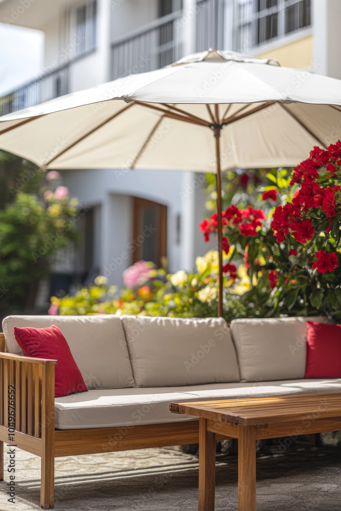 Obraz premium Cozy outdoor seating area with cushion and umbrella surrounded by vibrant flowers in the garden