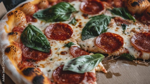 This delectable slice of pizza features bubbling mozzarella cheese, fresh basil, and crispy pepperoni, all resting on a perfectly baked golden crust, inviting a taste of comfort and delight.