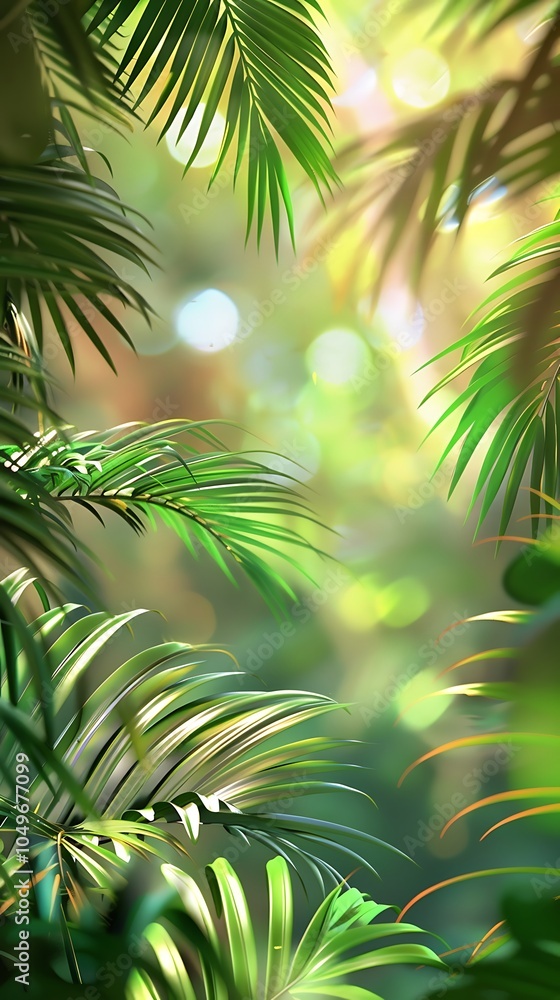 Fototapeta premium Palm tree leaves in tropical garden with sun light and bokeh