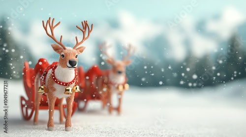 Festive reindeer with jingle bells, pulling Santas sleigh, snowcovered path, 3D illustration photo