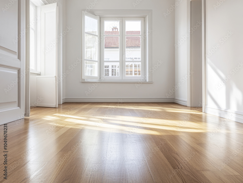 Fototapeta premium Bright, empty room with wooden flooring, large windows, and natural light in a quiet home