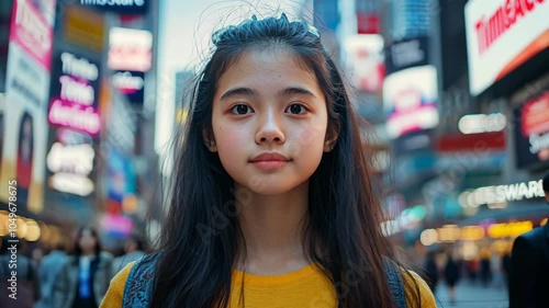 Wallpaper Mural A young woman walks through a busy street, surrounded by bright signs and lights Torontodigital.ca