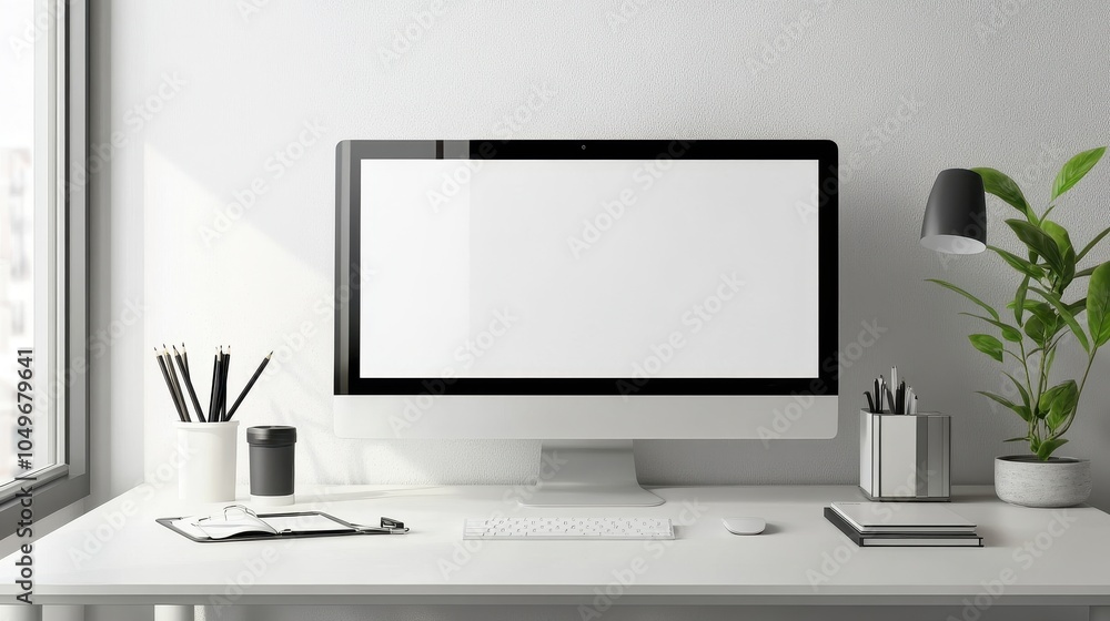 Minimalist office workspace with desktop computer and office supplies Minimalist office workspace with desktop computer and office supplies