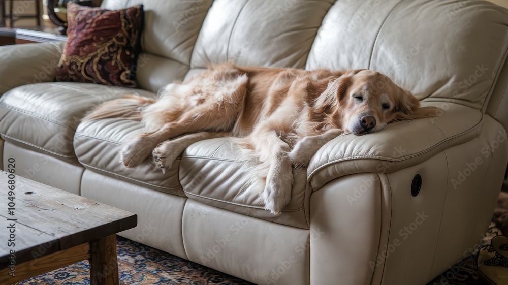 Obraz premium Golden retriever resting on leather sofa with eyes closed in serene home