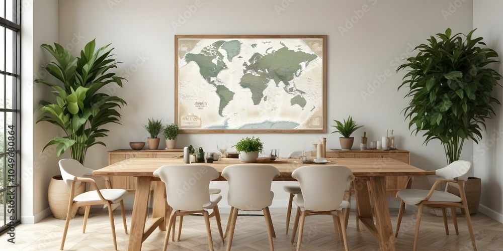 Obraz premium A large framed world map hanging on a wall above a wooden dining table with chairs . The map has a vintage look with shades of green.