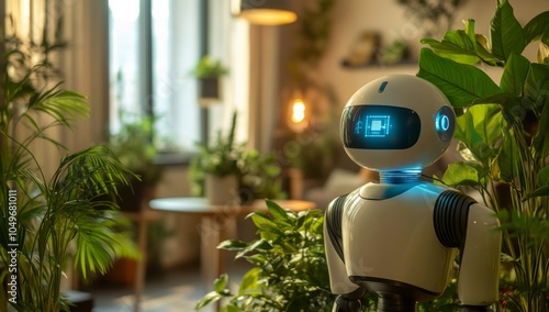 home white futuristic android robot with AI interface in living room, surrounded by plants