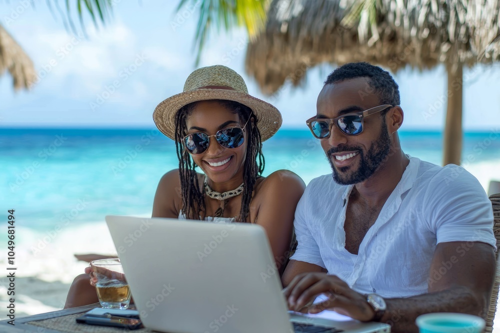 Fototapeta premium A couple reviewing vacation package options on their laptop showcasing affordable travel deals for a perfect getaway