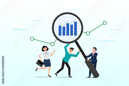 Business people hold magnifying glass analyzing data chart, data analysis, optimisation or marketing analytics for statistics improvement, growth or KPI measurement result, chart or diagram concept