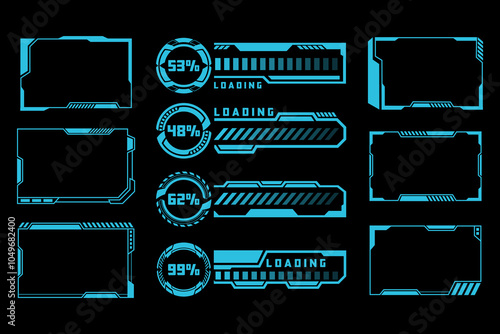 Futuristic Blue Loading Bars and Frames Hud Elements. High Tech Holographic Interface Vector Illustration