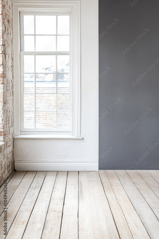 Fototapeta premium Bright and airy room with a large window and neutral walls, perfect for interior design ideas