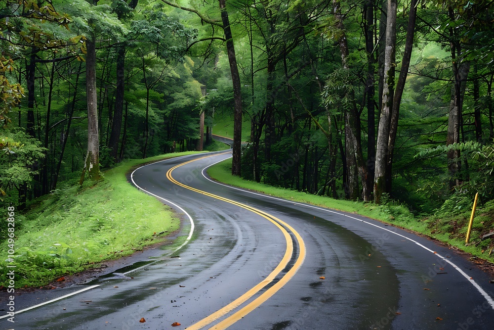 Obraz premium Asphalt road in the forest with foggy morning