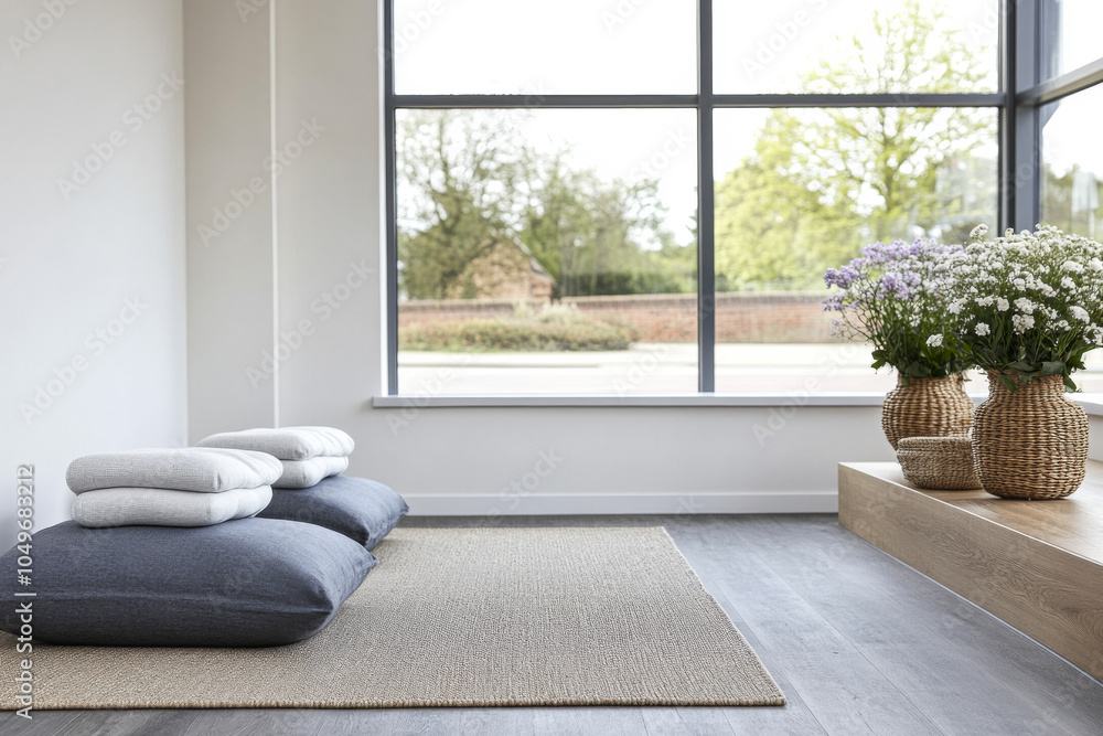 Fototapeta premium Cozy meditation corner with cushions and flowers in a bright, serene room during daytime