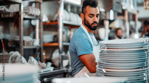 Fototapeta Naklejka Na Ścianę i Meble -  An African American male dishwasher in a commercial kitchen, organizing clean dishes on shelves, wearing a blue shirt.