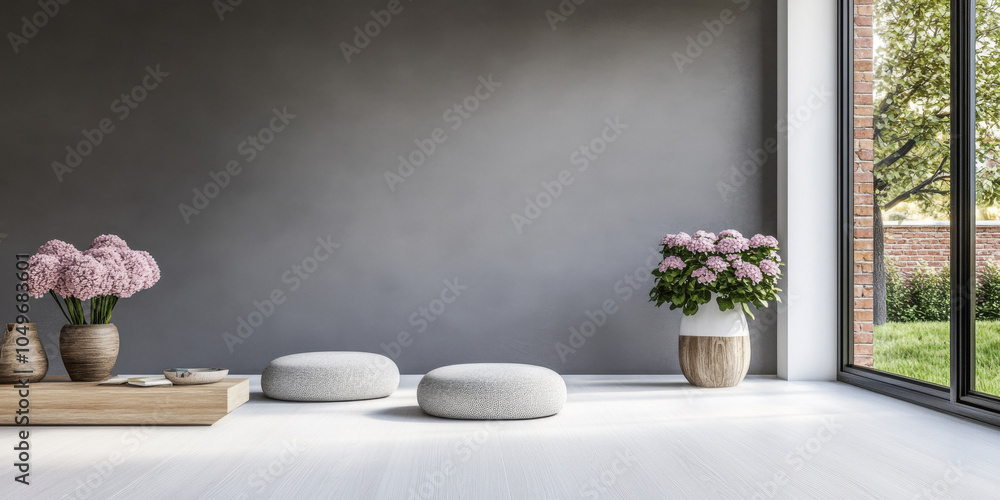 Modern interior design featuring soft cushions and blooming flowers in a sunlit room Modern interior design featuring soft cushions and blooming flowers in a sunlit room