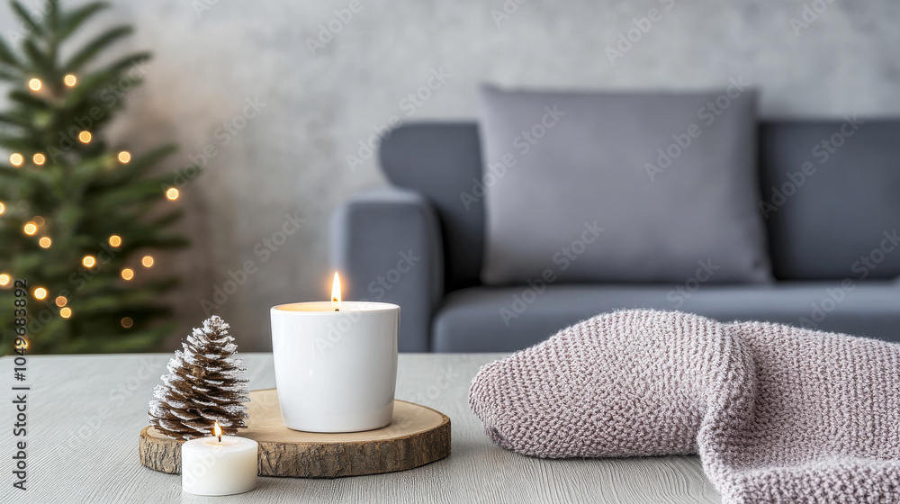 Cozy winter decor with candles, pinecone, and blanket near a festive Christmas tree Cozy winter decor with candles, pinecone, and blanket near a festive Christmas tree