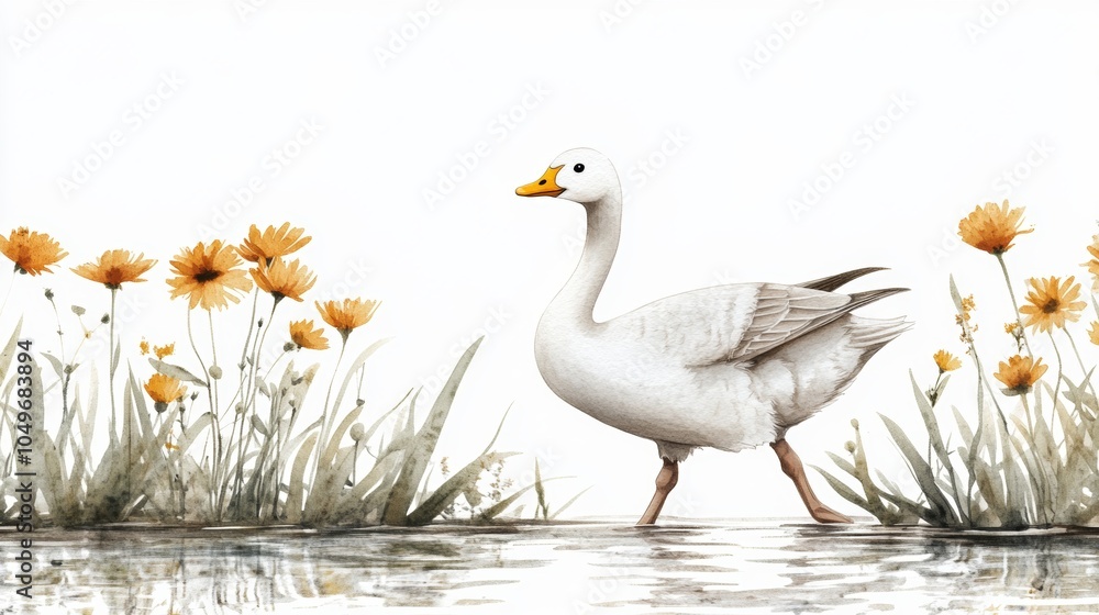 Fototapeta premium White Goose Walking on Water with Yellow Flowers Watercolor Illustration