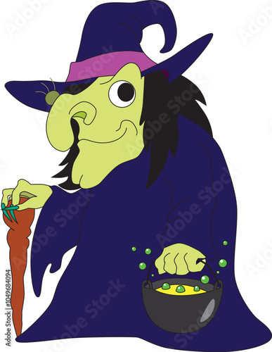 cute cartoon old witch in 60s style with wart, crutch and cauldron with potion on white background, halloween, stock vector