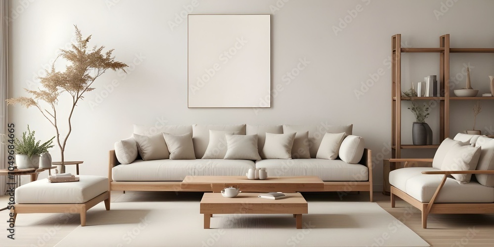 A minimalist living room with a large beige sectional sofa, a wooden coffee table, and a blank canvas on the wall. A minimalist living room with a large beige sectional sofa, a wooden coffee table, and a blank canvas on the wall.