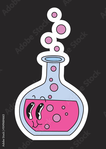 cute cartoon flask with pink potion with eyes and white outline, 60s style, halloween, stock vector, black background