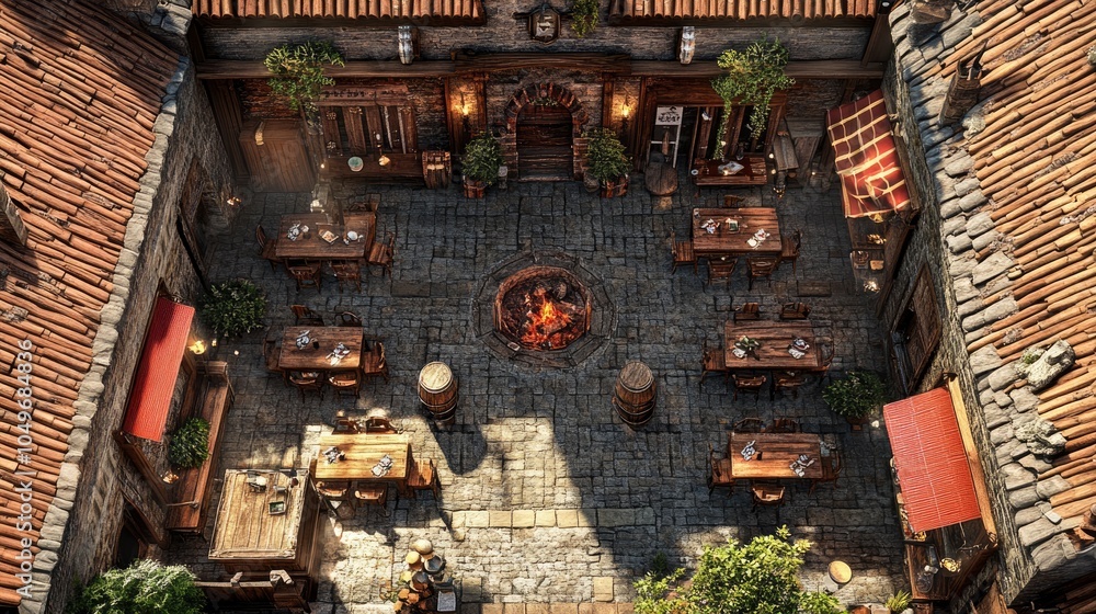 Fototapeta premium Aerial view of a medieval courtyard with cobblestone floors, wooden tables and chairs, a fire pit and lush greenery.