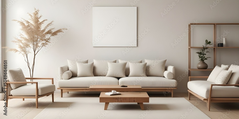 A minimalist living room with a large beige sectional sofa, a wooden coffee table, and a blank canvas on the wall. A minimalist living room with a large beige sectional sofa, a wooden coffee table, and a blank canvas on the wall.