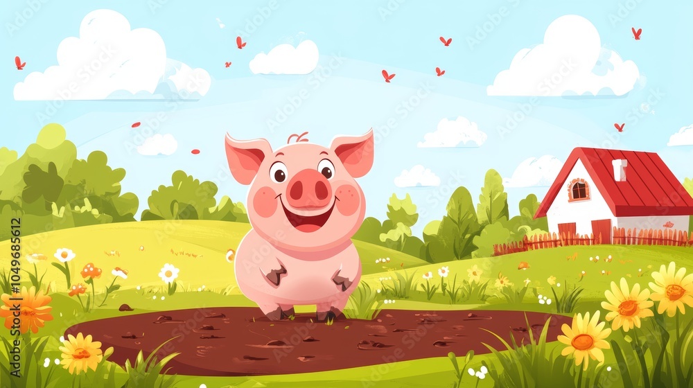 Happy Pig in a Mud Puddle with a Farm House Background