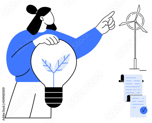 A person holds a light bulb with a leaf inside, pointing at a wind turbine beside documents. Ideal for sustainable energy, eco-friendly practices, innovation, environmental awareness, and renewable