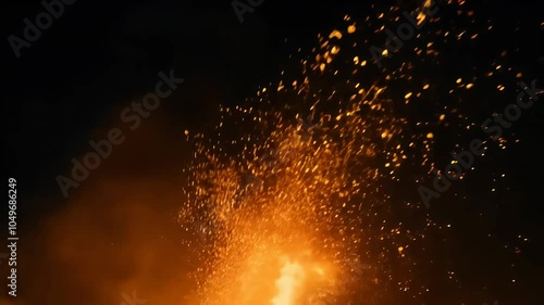 Observe stunning animation fire flakes rising night sky evoking feeling large bonfire bright particles swirling upward perfect creating warm immersive nighttime atmosphere 4k firestorm ash campfire