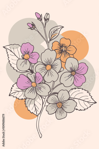 Begonia Branch with Flowers and Color Blobs Beautiful Detailed Vector Illustration