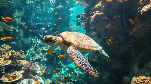 Underwater vibrant coral reef with tropical fish and sea turtles