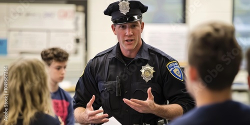 A police officer speaking to students about the dangers of drunk driving promoting an anti-drunk driving message for safer roads photo