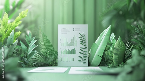 41 Financial growth report with green charts, fresh leaves decorating the document, 3D illustration