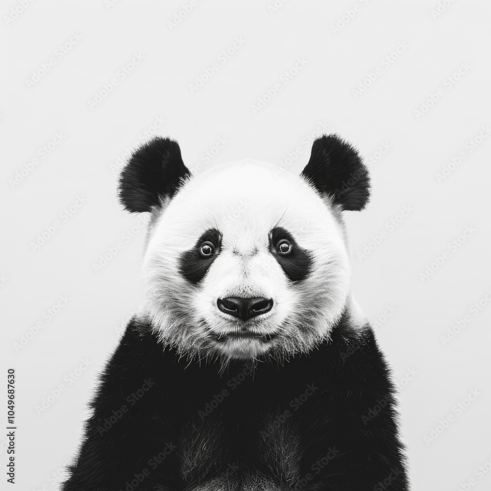 Close-up of a tranquil giant panda against a minimalist white background, showcasing its distinctive black and white fur and gentle expression. Close-up of a tranquil giant panda against a minimalist white background, showcasing its distinctive black and white fur and gentle expression.