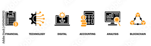 Fintech banner web icon vector illustration concept with icon of financial, technology, digital, accounting, analysis and blockchain