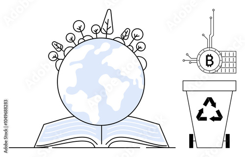 A globe with branches and leaves emerging from a book, a recycling bin, and a Bitcoin symbol. Ideal for education, sustainability, technology, digital economy, environmental awareness. Modern vector